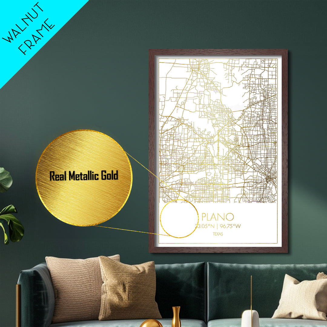 Plano Texas City Poster, Metallic Gold Art, Metal Art, real wood frames, black and gold, Minimalist Wall Art, Map Print Poster