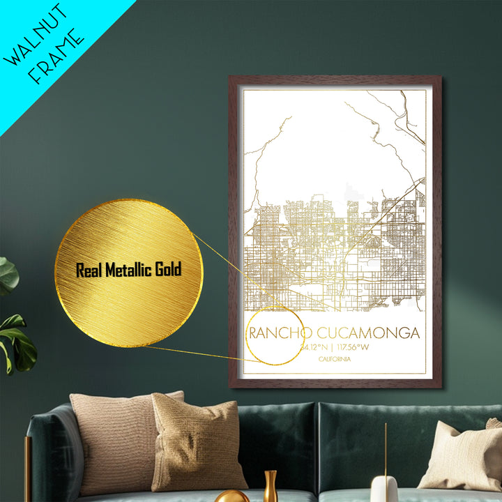 Rancho Cucamonga California City Poster, Metallic Gold Art, Metal Art, real wood frames, black and gold, Minimalist Wall Art, Street Map Art