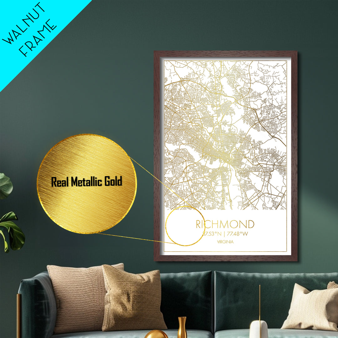 Richmond Virginia City Poster, Metallic Gold Art, Metal Art, real wood frames, black and gold, Map Art, Best Friend Gifts