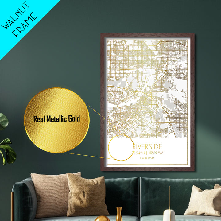 Riverside California City Poster, Metallic Gold Art, Metal Art, real wood frames, black and gold, Modern House Art, Office Decor