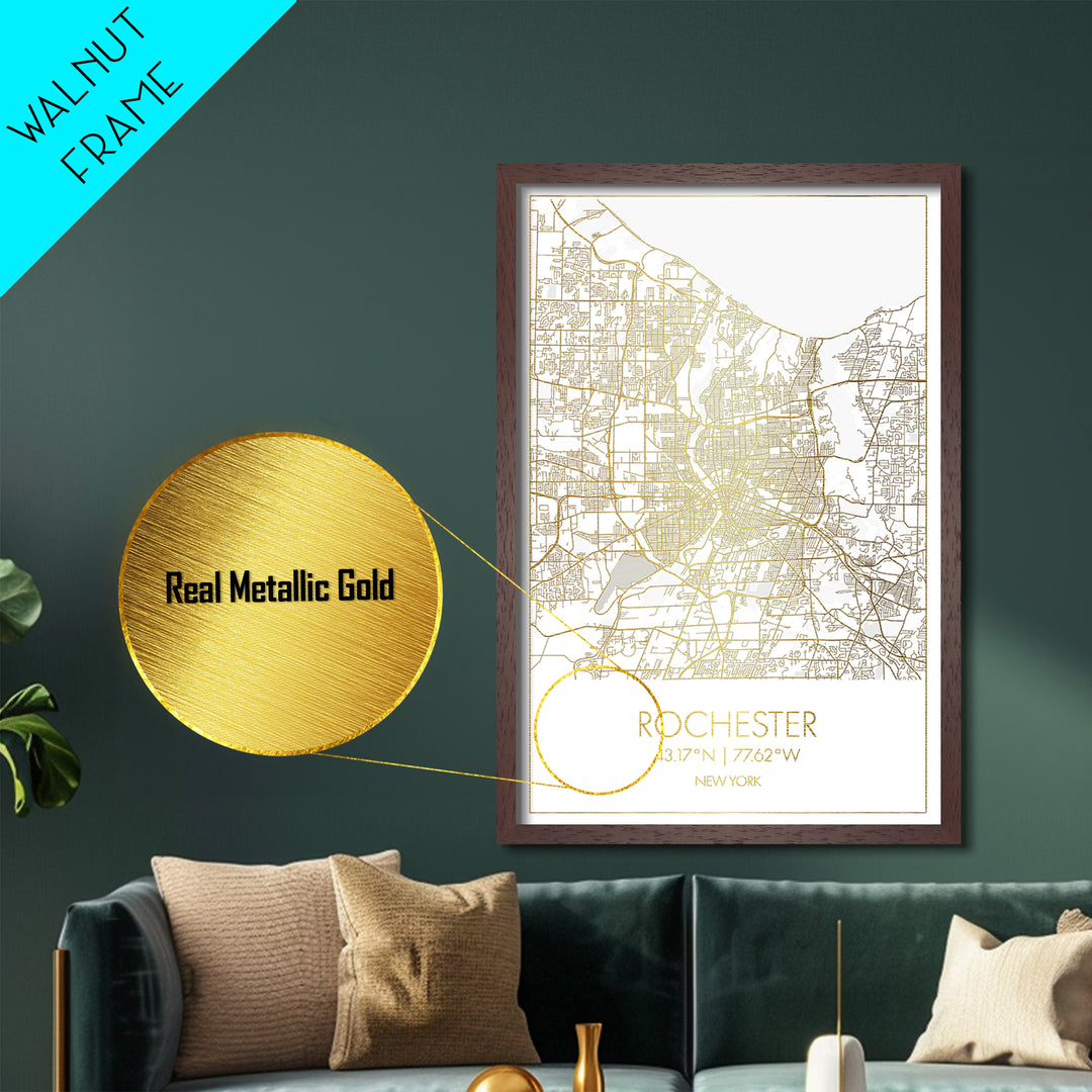 Rochester New York City street map, Metallic Gold Print, Metal Art, wood framed map, black and gold, Map Art, Closing Gift