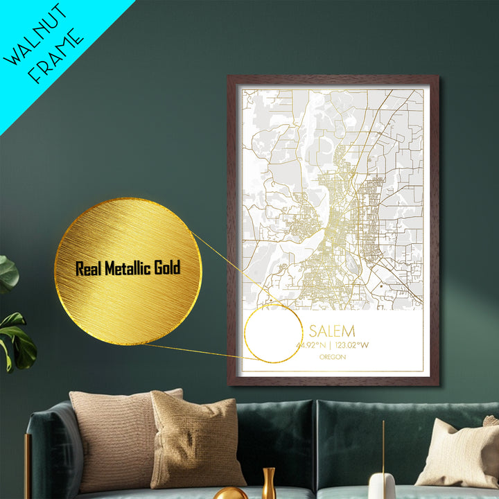 Salem Oregon City street map, Metallic Gold Print, Metal Art, wood framed map, black and gold, Street Map Art, Office Decor