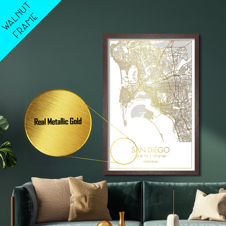 San Diego California City street map, Metallic Gold Print, Metal Art, wood framed map, black and gold, Map Art, Housewarming Gift