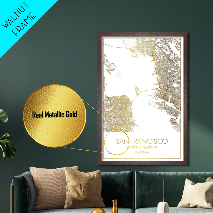 San Francisco California City Poster, Metallic Gold Art, Metal Art, real wood frames, black and gold, Gold Street Map Art, Best Friend Gifts