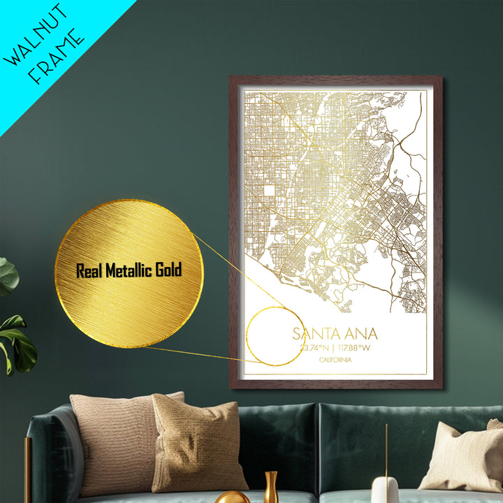 Santa Ana California City Poster, Metallic Gold Art, Metal Art, real wood frames, black and gold, Street Map Art, Modern House Art