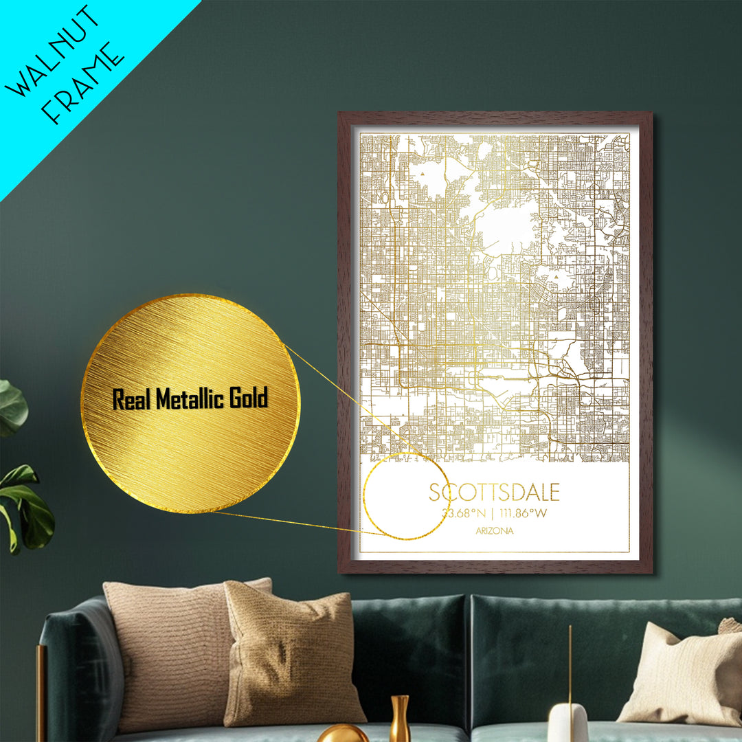 Scottsdale Arizona City street map, Metallic Gold Print, Metal Art, wood framed map, black and gold, Gold Street Map Art, Modern Wall Art