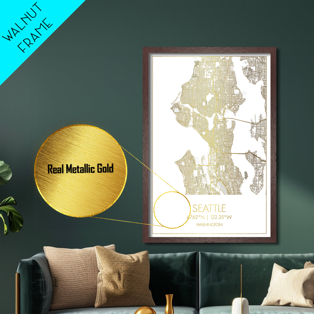 Seattle Washington City Poster, Metallic Gold Art, Metal Art, real wood frames, black and gold, Minimalist Wall Art, Map Print Poster
