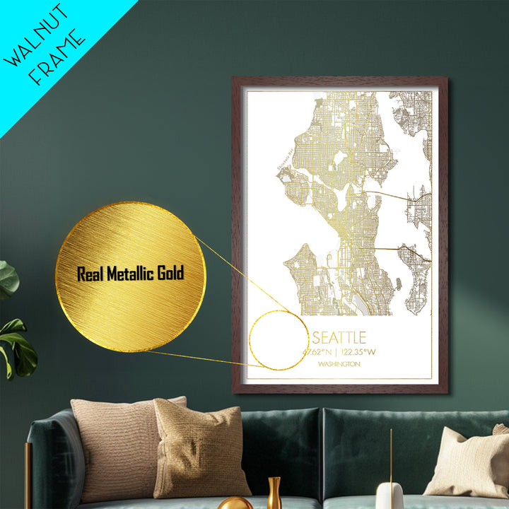Seattle Washington City Poster, Metallic Gold Art, Metal Art, real wood frames, black and gold, Minimalist Wall Art, Map Print Poster