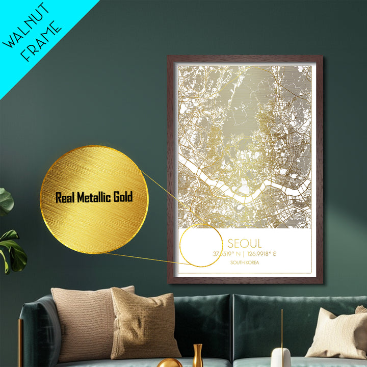 Seoul South Korea City street map, Metallic Gold Print, Metal Art, wood framed map, black and gold, Street Map Art, Office Decor