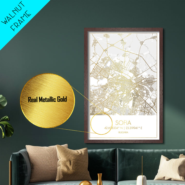 Sofia Bulgaria City street map, Metallic Gold Print, Metal Art, wood framed map, black and gold, Map Art, Housewarming Gift