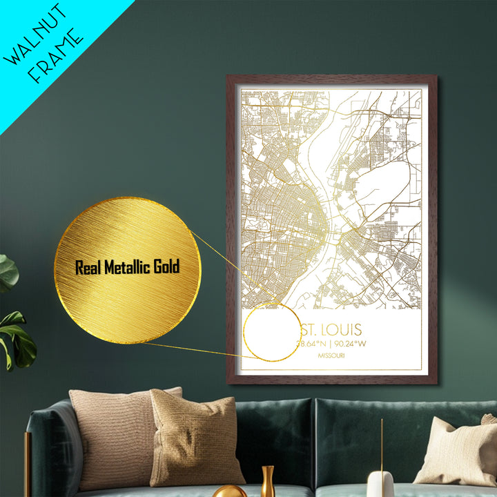 St. Louis Missouri City Poster, Metallic Gold Art, Metal Art, real wood frames, black and gold, Street Map Art, Modern House Art
