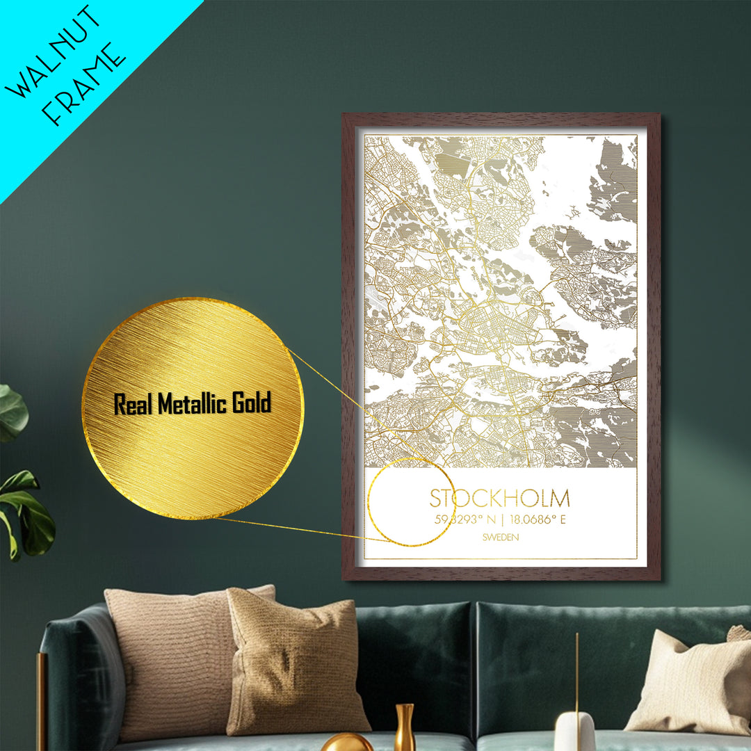 Stockholm Sweden City street map, Metallic Gold Print, Metal Art, wood framed map, black and gold, Gold Street Map Art, Modern Wall Art