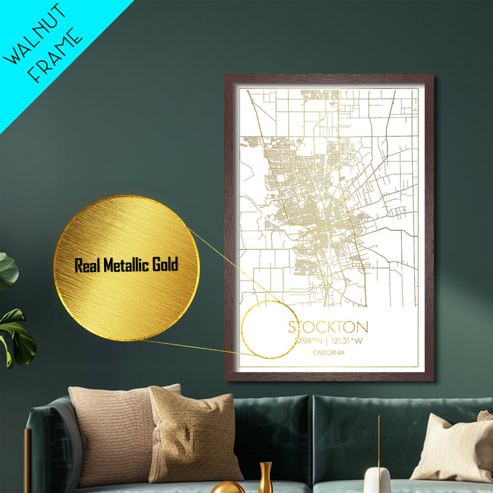 Stockton California City street map, Metallic Gold Print, Metal Art, wood framed map, black and gold, Street Map Art, Office Decor