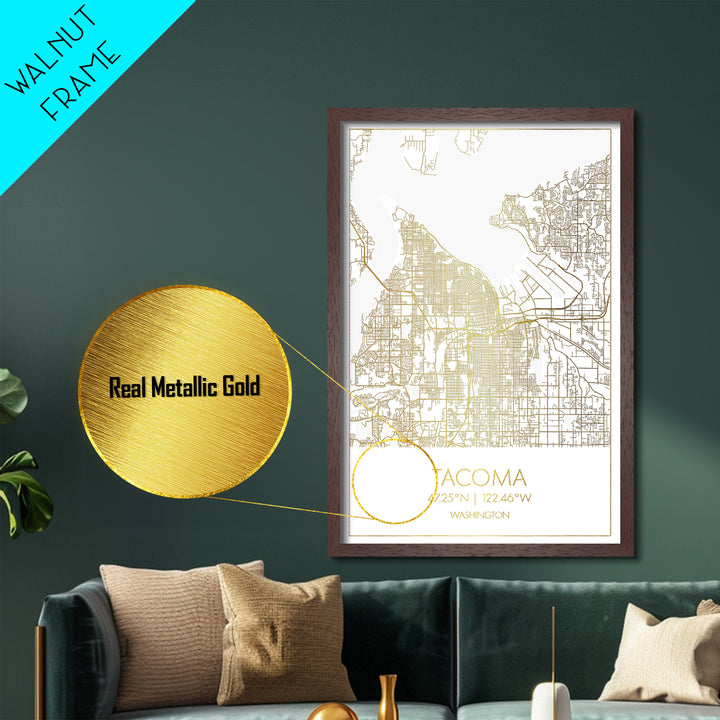 Tacoma Washington City Poster, Metallic Gold Art, Metal Art, real wood frames, black and gold, Map Art, Best Friend Gifts