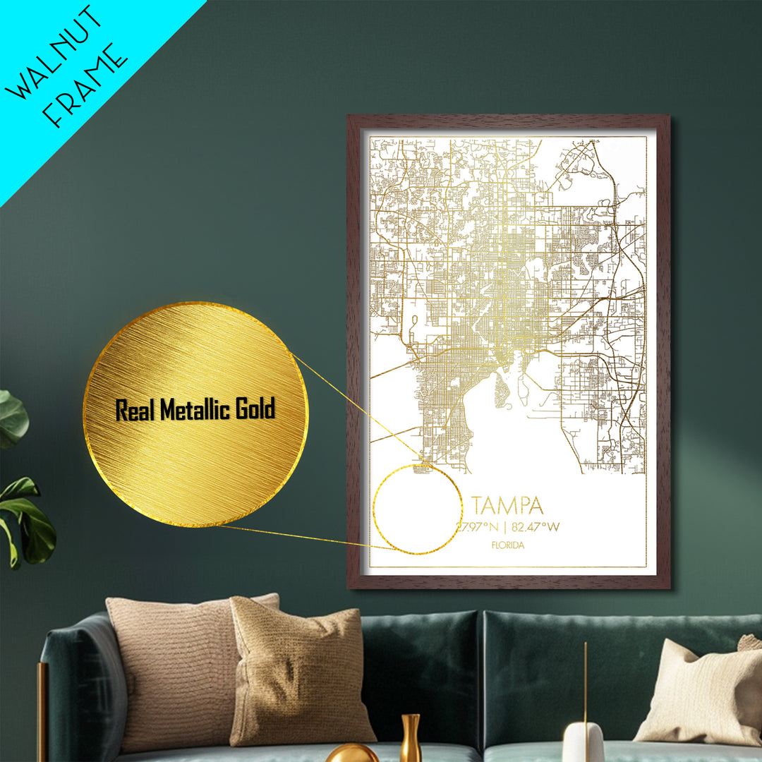 Tampa Florida City Poster, Metallic Gold Art, Metal Art, real wood frames, black and gold, Street Map Wall Art, Closing Gift