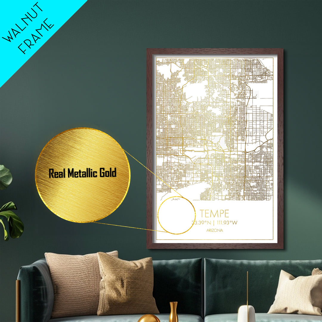 Tempe Arizona City street map, Metallic Gold Print, Metal Art, wood framed map, black and gold, Map Art, Housewarming Gift