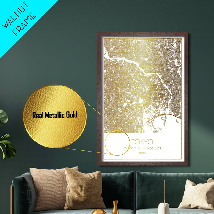 Tokyo Japan City Poster, Metallic Gold Art, Metal Art, real wood frames, black and gold, Gold Street Map Art, Modern Wall Art