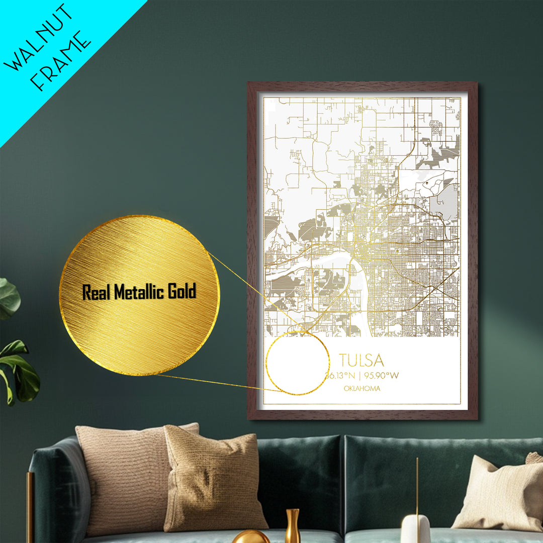 Tulsa Oklahoma City Poster, Metallic Gold Art, Metal Art, real wood frames, black and gold, Map Art, Best Friend Gifts