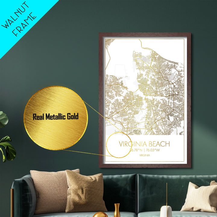 Virginia Beach Virginia City Poster, Metallic Gold Art, Metal Art, real wood frames, black and gold, Minimalist Wall Art, Map Print Poster