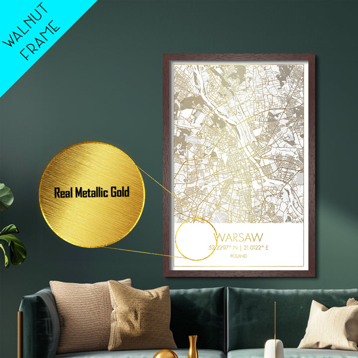Warsaw Poland City street map, Metallic Gold Print, Metal Art, wood framed map, black and gold, Street Map Art, Office Decor