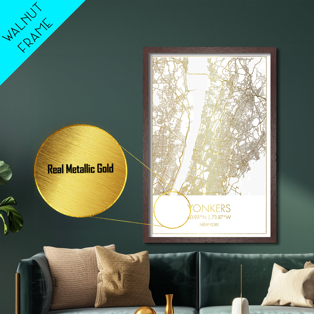 Yonkers New York City Poster, Metallic Gold Art, Metal Art, real wood frames, black and gold, Gold Street Map Art, Best Friend Gifts