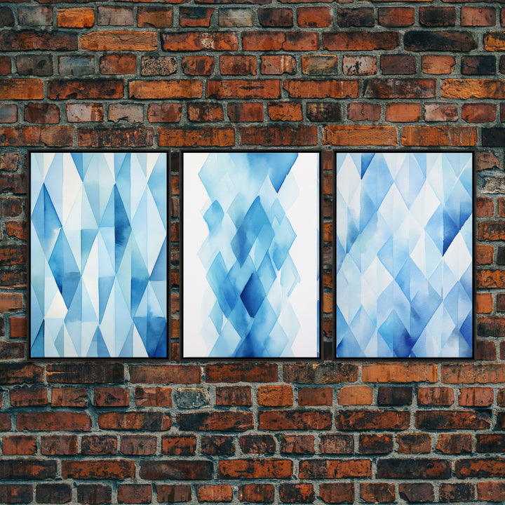 Watercolor Blue Geometric Pastel Diamond Art, Framed Canvas Print, Minimalist / Abstract Midcentury Modern Art, MCM Art, Living Room Decor