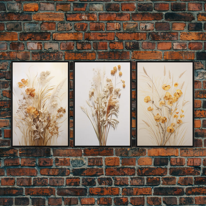 Framed Canvas Wall Art Set of 3, Modern Farmhouse Decor, Botanical Prints, Neutral Colors, Minimalist Art, Boho Home Decor
