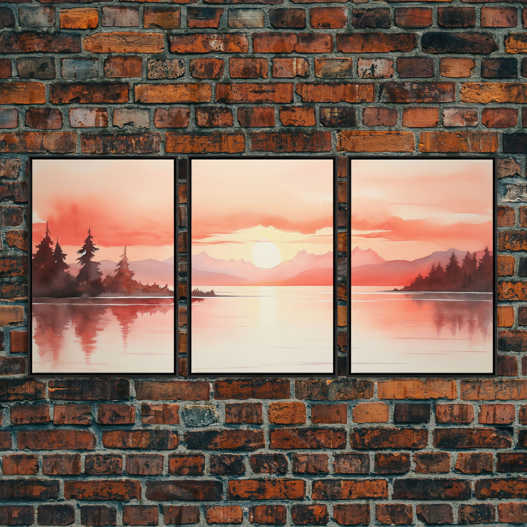 Beautiful Red Lake Sunset 3 Piece Framed Canvas Print Set, Above Sofa Art, Living Room Decor, Beautiful Wall Art, Watercolor Painting
