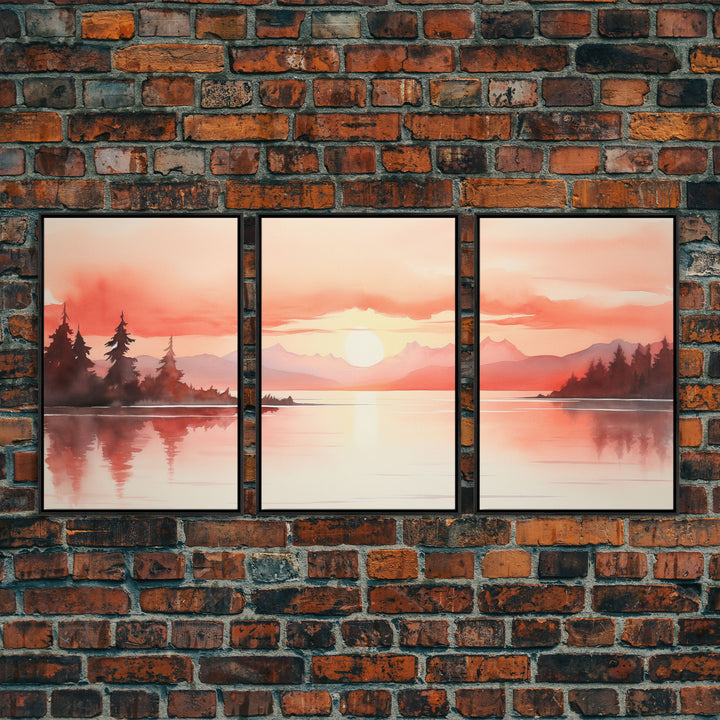 Beautiful Red Lake Sunset 3 Piece Framed Canvas Print Set, Above Sofa Art, Living Room Decor, Beautiful Wall Art, Watercolor Painting