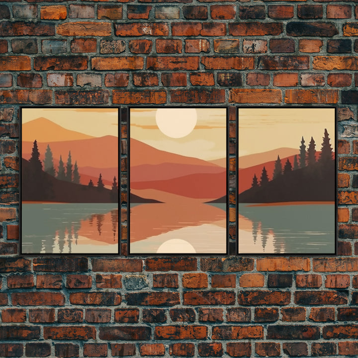 Framed Canvas Wall Art Set of 3 Sunset Forest Landscape Abstract Illustrations Prints Modern Art Minimalist Boho Wall Decor, 3 Piece Art