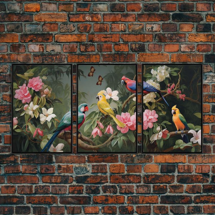 Flowers Wall Print, Tropical Wall Art, Macaw, Jungle Art Print, Canvas Print, Wall Art, 3 Piece Wall Art, Modern Office Art, Wedding Gift