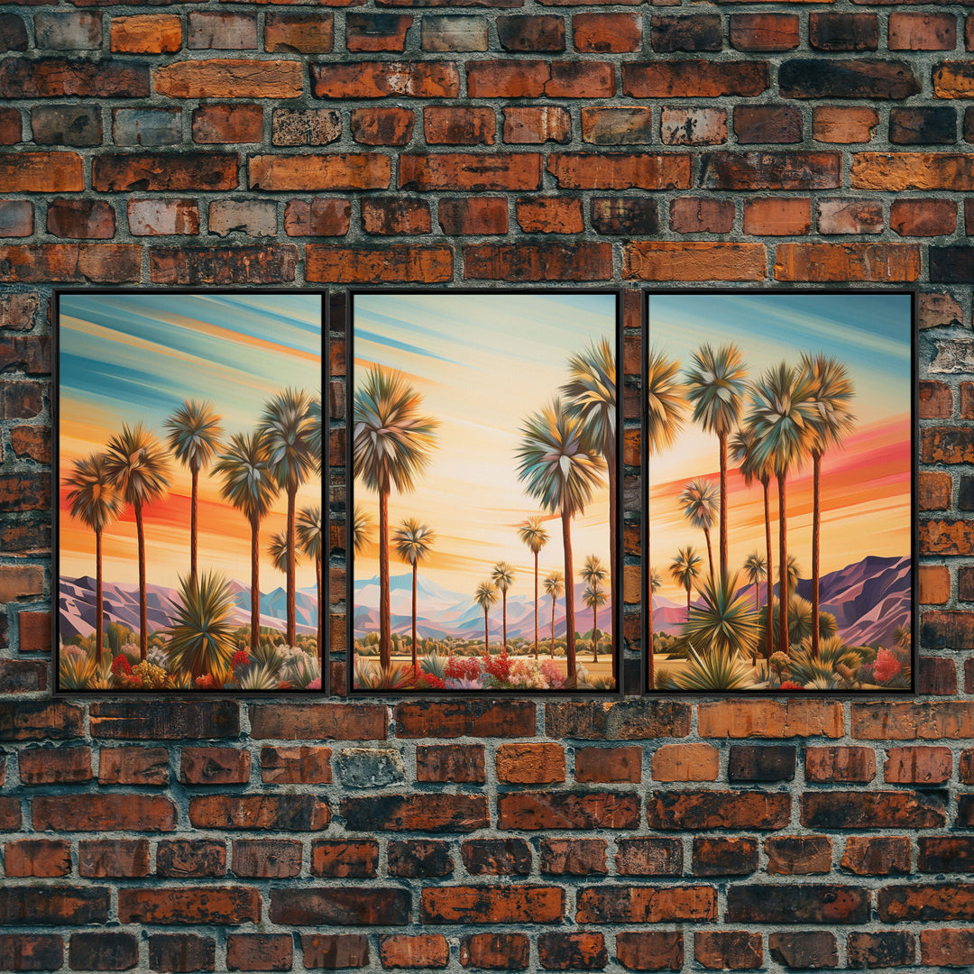 Retro Vibes, Arizona Desert Sunset, Framed Canvas Prints, 3 Piece Wall Art, Arizona Desert, Vintage Style Landscape Art, Southwestern Decor