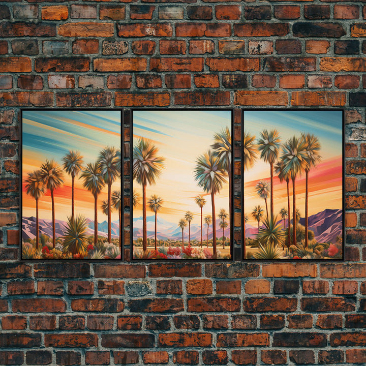 Retro Vibes, Arizona Desert Sunset, Framed Canvas Prints, 3 Piece Wall Art, Arizona Desert, Vintage Style Landscape Art, Southwestern Decor