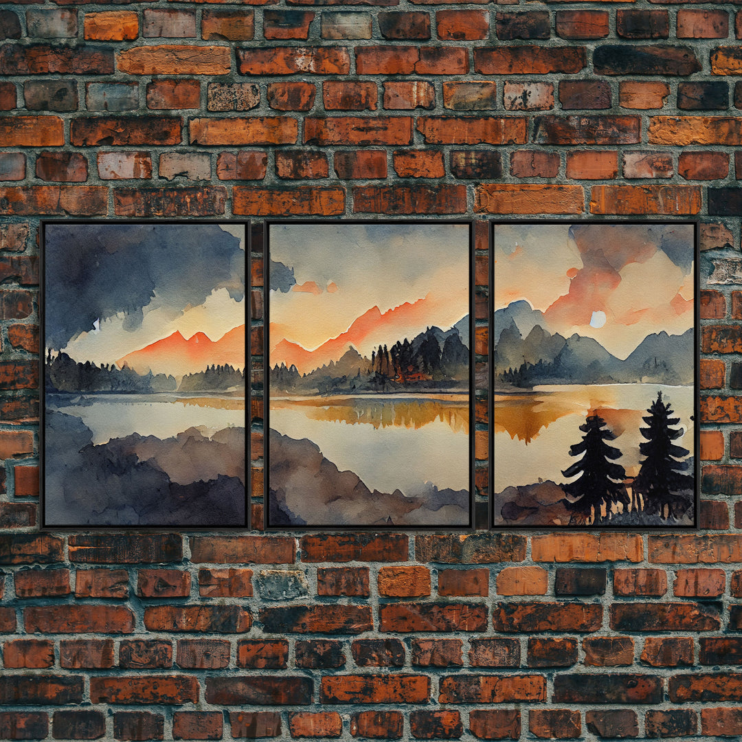 3 Piece Canvas Wall Decor, Ready To Hang Canvas Prints, Watercolor Of A Forest Fire, Orange Landscape Sunset Art, Canvas Wall Decor