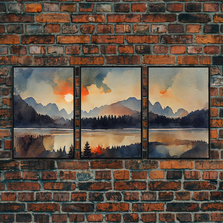 Watercolor Painting Of A Sunrise, Orange Forest and Mountain Landscape, 3 Piece Canvas Decor, 3 Piece Wall Art, Ready To Hang Canvas Prints