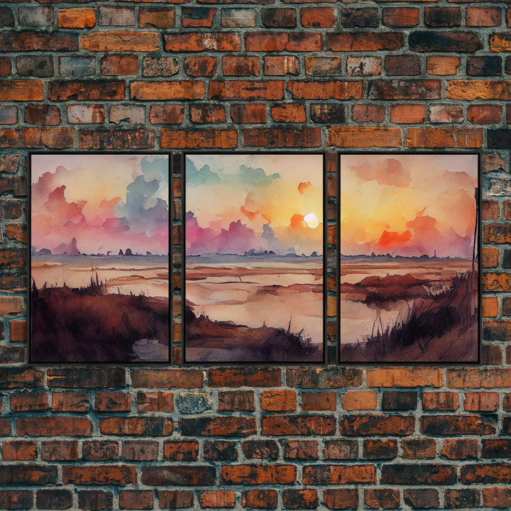 Watercolor of a beach at sunset, Abstract Lakehouse Wall Decor, 3 Piece Canvas Decor, 3 Piece Wall Art, Ready To Hang Canvas Prints