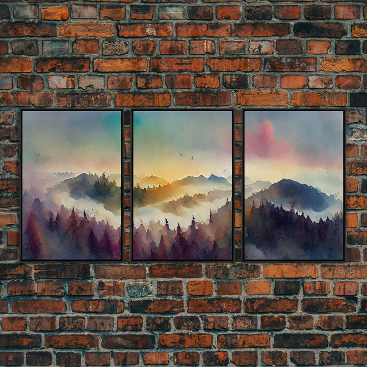Dramatic Colorful Watercolor Sunset Landscape Abstract, Landscape Art, 3 Piece Canvas Decor, 3 Piece Wall Art, Ready To Hang Canvas Prints