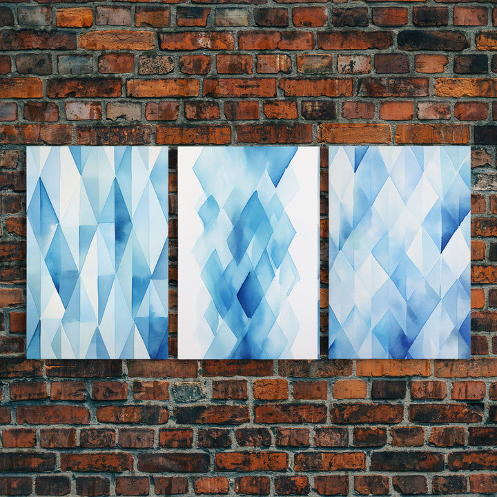 Watercolor Blue Geometric Pastel Diamond Art, Framed Canvas Print, Minimalist / Abstract Midcentury Modern Art, MCM Art, Living Room Decor