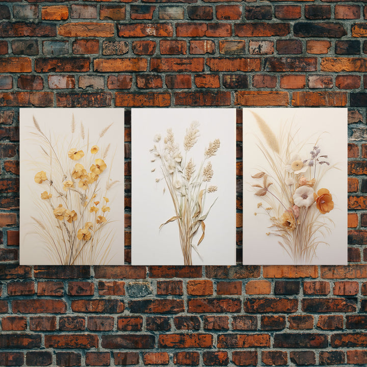 Rustic Framed Canvas Wall Art Set of 3, Modern Farmhouse Decor, Botanical Prints, Neutral Colors, Minimalist Art, Boho Farmhouse Decor