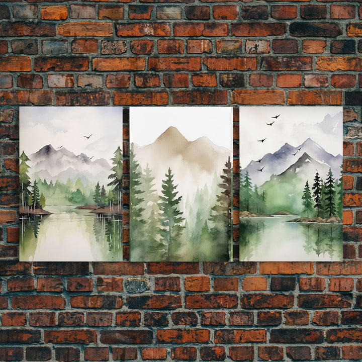 Green Forest Watercolor Framed Canvas Wall Art Set, Green Forest Lake Vintage Landscape Prints Rustic Farmhouse 3 Piece Wall Decor