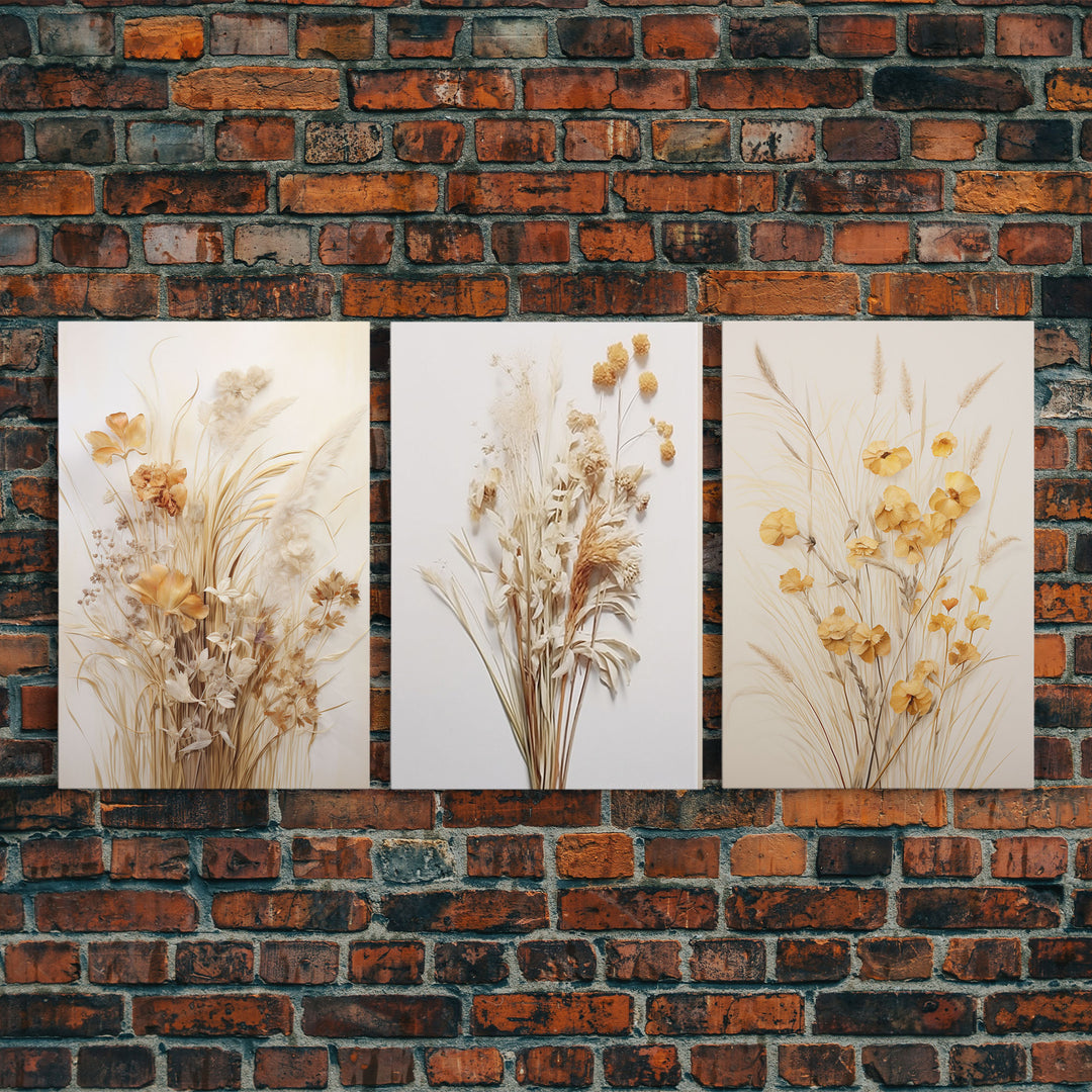 Framed Canvas Wall Art Set of 3, Modern Farmhouse Decor, Botanical Prints, Neutral Colors, Minimalist Art, Boho Home Decor