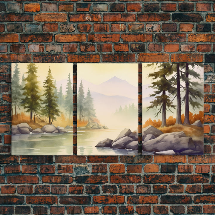 Beautiful Wall Art 3 Piece Canvas Print Framed Wall Decor, Watercolor Landscape Painting Print, Pacific Northwest, Oregon Art