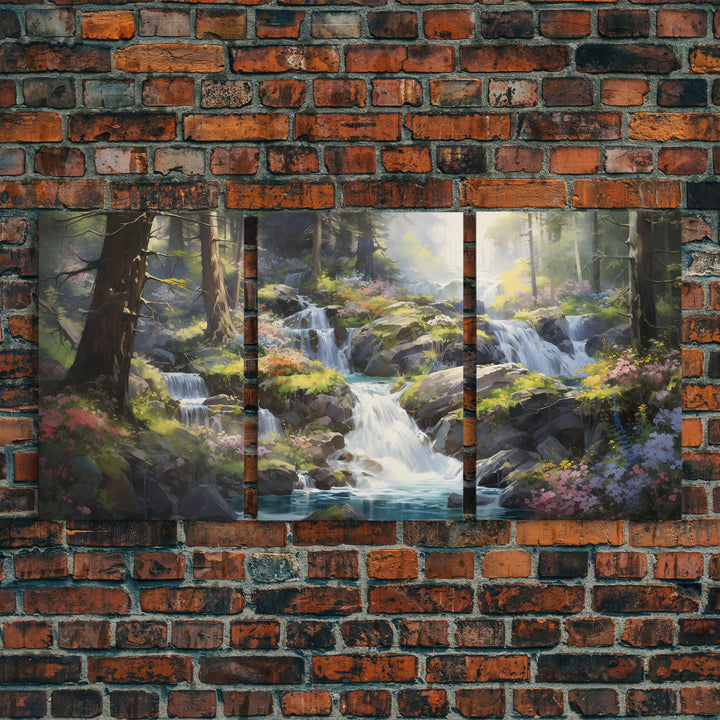 The Secret Waterfall, 3 Piece Set, Framed Canvas Print, Fantasy Wall Art, Watercolor Painting, Whimsical Minimalist Decor, Farmhouse Art