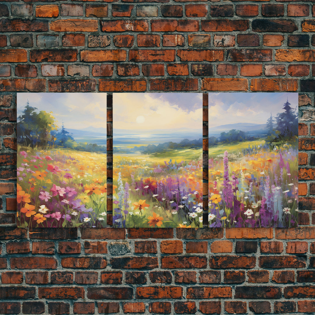 Beautiful Wildflowers Triptych, Wild Flower Art, Watercolor Floral Framed Canvas Print, Wall Art, Rustic Farmhouse Decor, 3 Piece Set