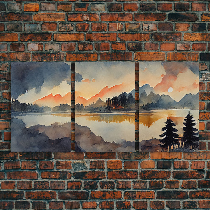 3 Piece Canvas Wall Decor, Ready To Hang Canvas Prints, Watercolor Of A Forest Fire, Orange Landscape Sunset Art, Canvas Wall Decor