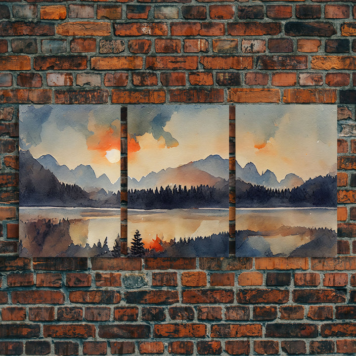 Watercolor Painting Of A Sunrise, Orange Forest and Mountain Landscape, 3 Piece Canvas Decor, 3 Piece Wall Art, Ready To Hang Canvas Prints