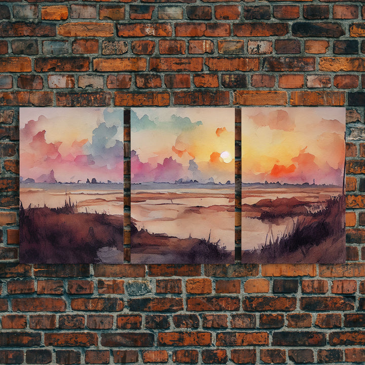 Watercolor of a beach at sunset, Abstract Lakehouse Wall Decor, 3 Piece Canvas Decor, 3 Piece Wall Art, Ready To Hang Canvas Prints