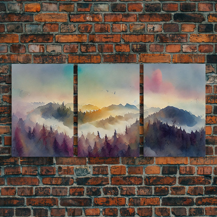 Dramatic Colorful Watercolor Sunset Landscape Abstract, Landscape Art, 3 Piece Canvas Decor, 3 Piece Wall Art, Ready To Hang Canvas Prints