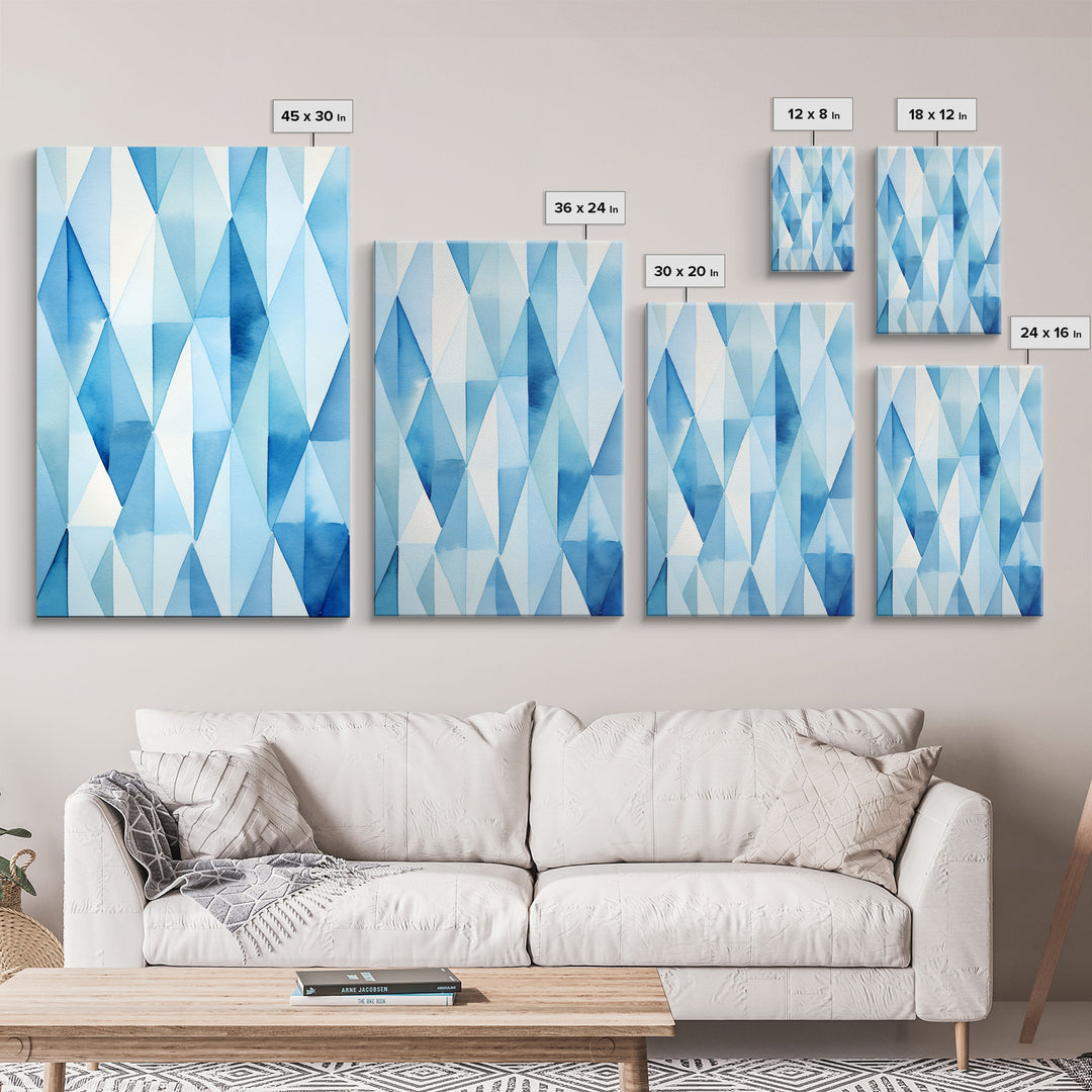 Watercolor Blue Geometric Pastel Diamond Art, Framed Canvas Print, Minimalist / Abstract Midcentury Modern Art, MCM Art, Living Room Decor