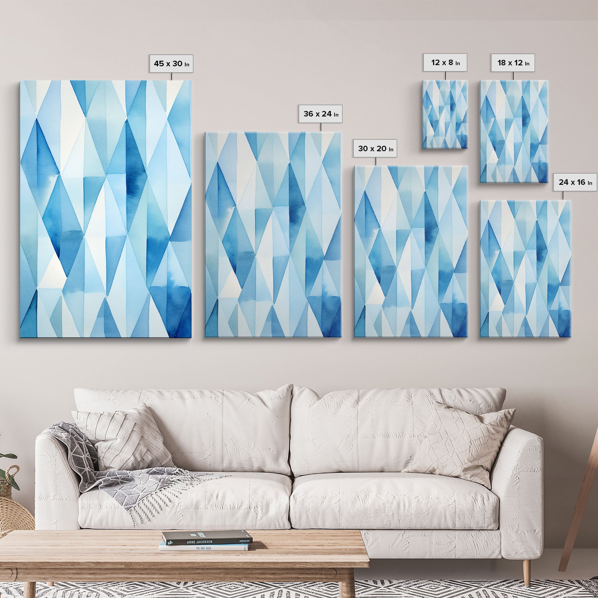 Watercolor Blue Geometric Pastel Diamond Art, Framed Canvas Print, Minimalist / Abstract Midcentury Modern Art, MCM Art, Living Room Decor